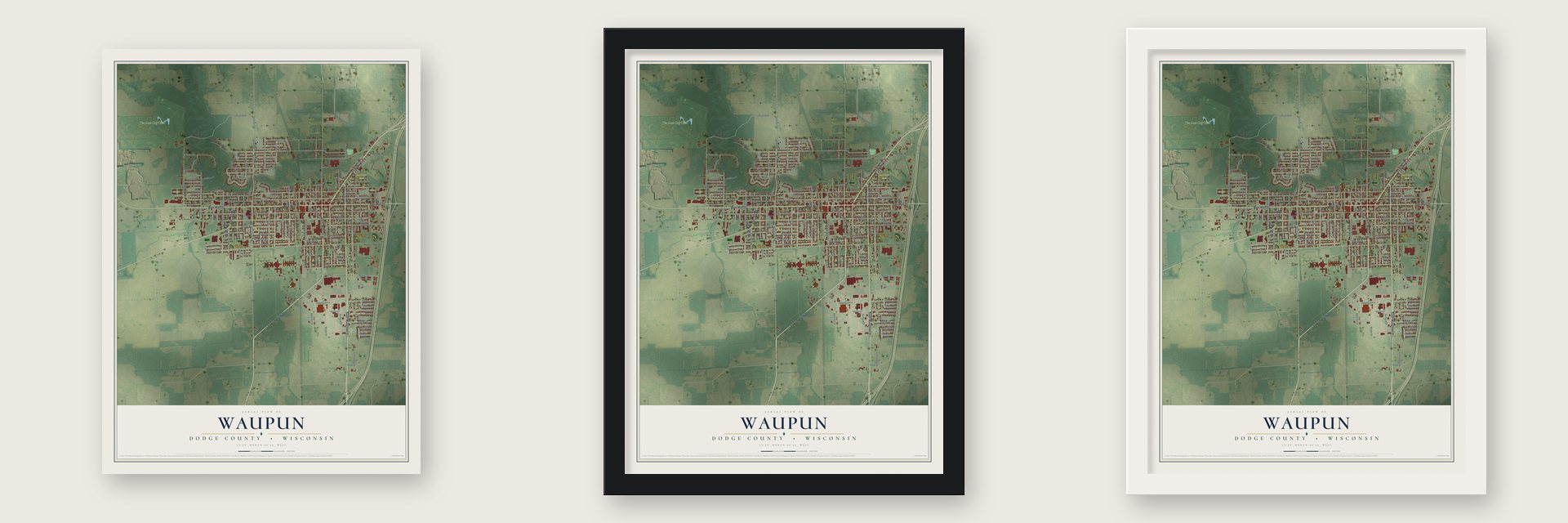 Waupun, Dodge County, Wisconsin map unframed, in a black wood frame and in a white wood frame