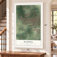 Waupun, Dodge County, Wisconsin map, 24 x 36 inch print in a white frame by a staircase