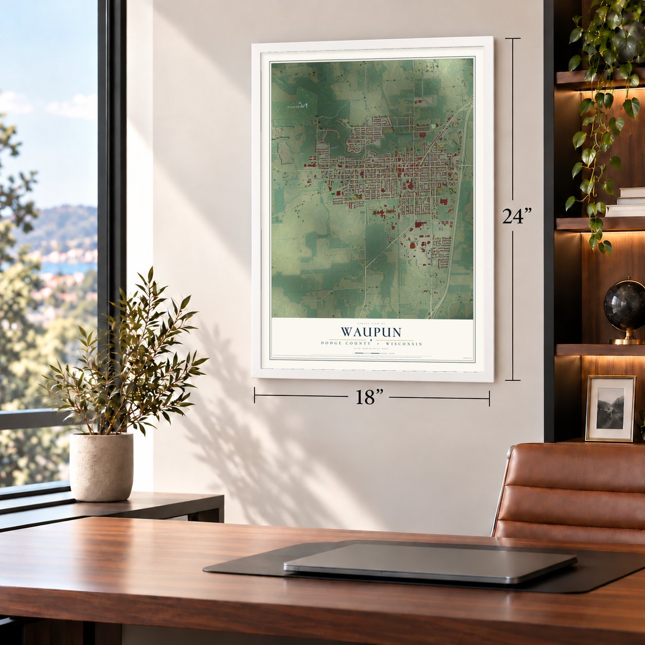 Waupun, Dodge County, Wisconsin map, 18 x 24 inch print in a white frame in a home office