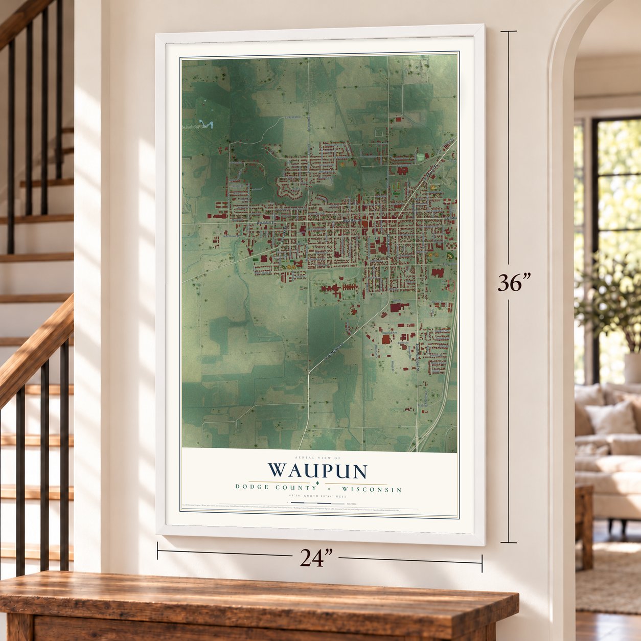 Waupun, Dodge County, Wisconsin map, 24 x 36 inch print in a white frame by a staircase
