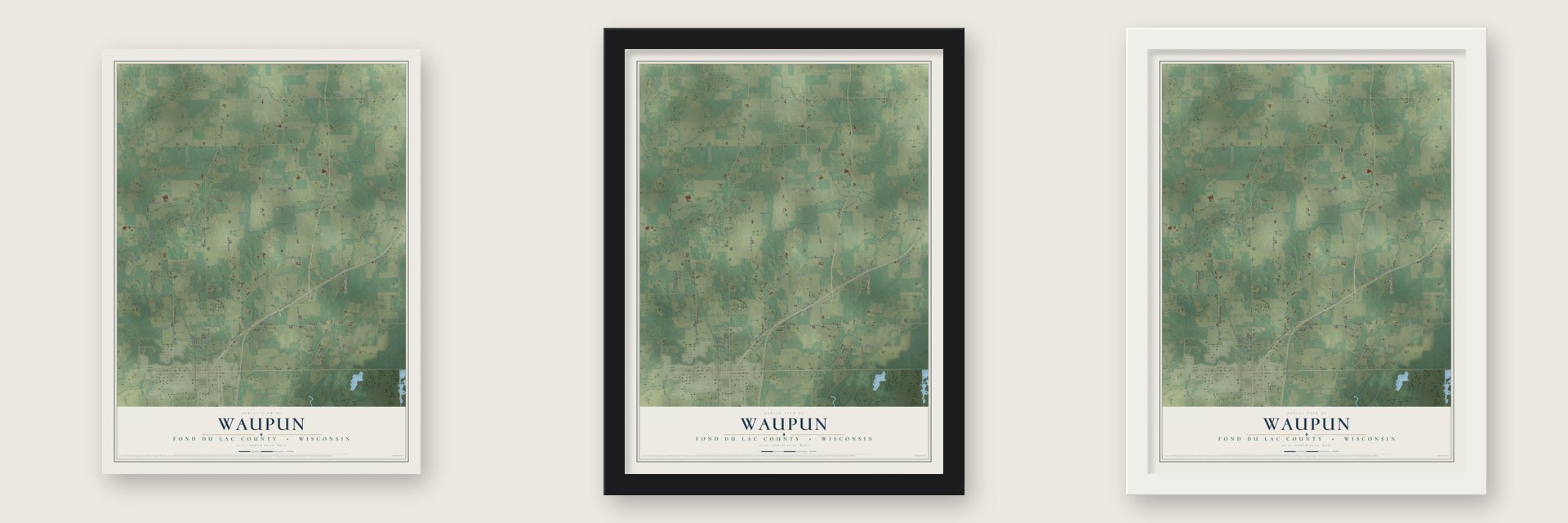 Waupun, Fond du Lac County, Wisconsin map unframed, in a black wood frame and in a white wood frame