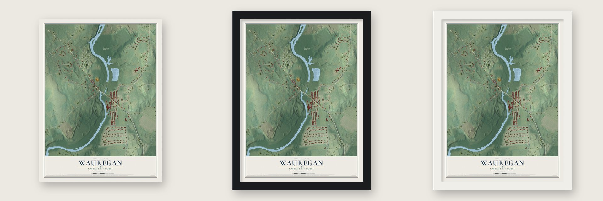 Wauregan, Connecticut map unframed, in a black wood frame and in a white wood frame