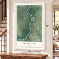 Wauregan, Connecticut map, 24 x 36 inch print in a white frame by a staircase