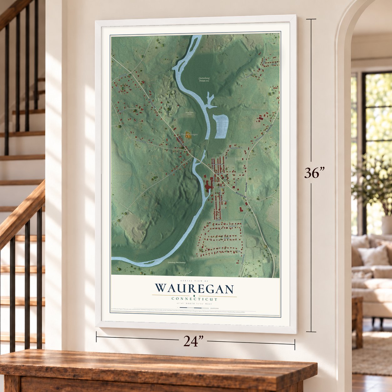 Wauregan, Connecticut map, 24 x 36 inch print in a white frame by a staircase