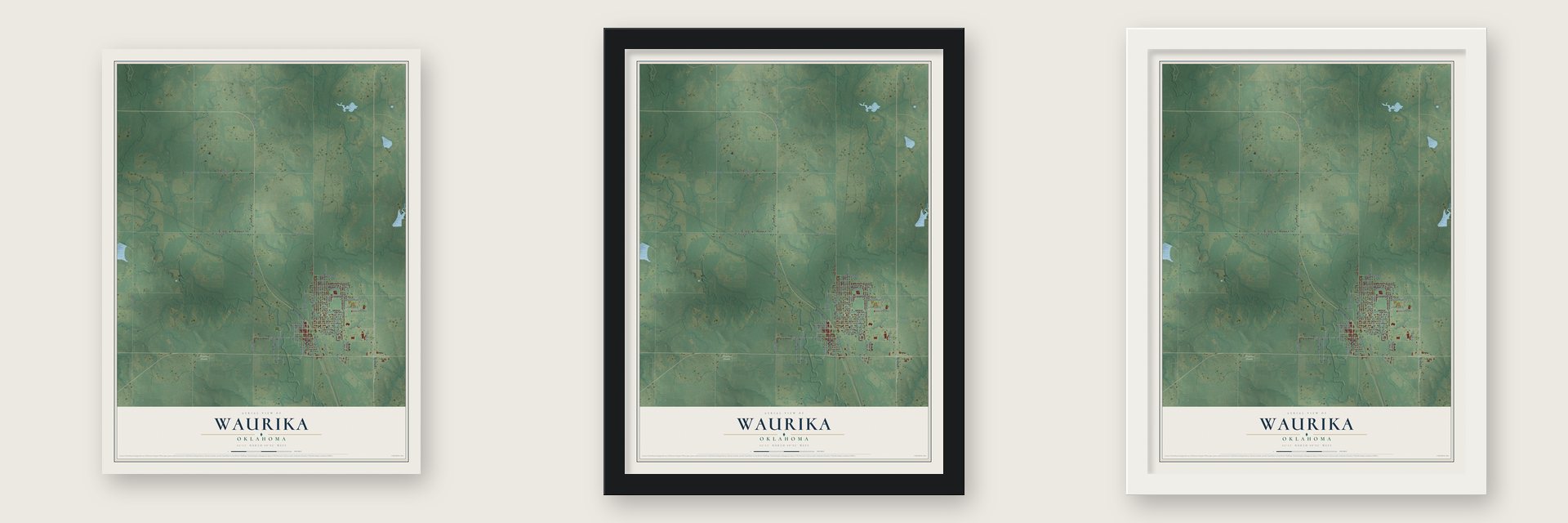 Waurika, Oklahoma map unframed, in a black wood frame and in a white wood frame