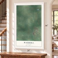 Waurika, Oklahoma map, 24 x 36 inch print in a white frame by a staircase