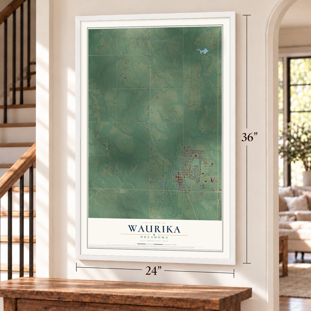 Waurika, Oklahoma map, 24 x 36 inch print in a white frame by a staircase