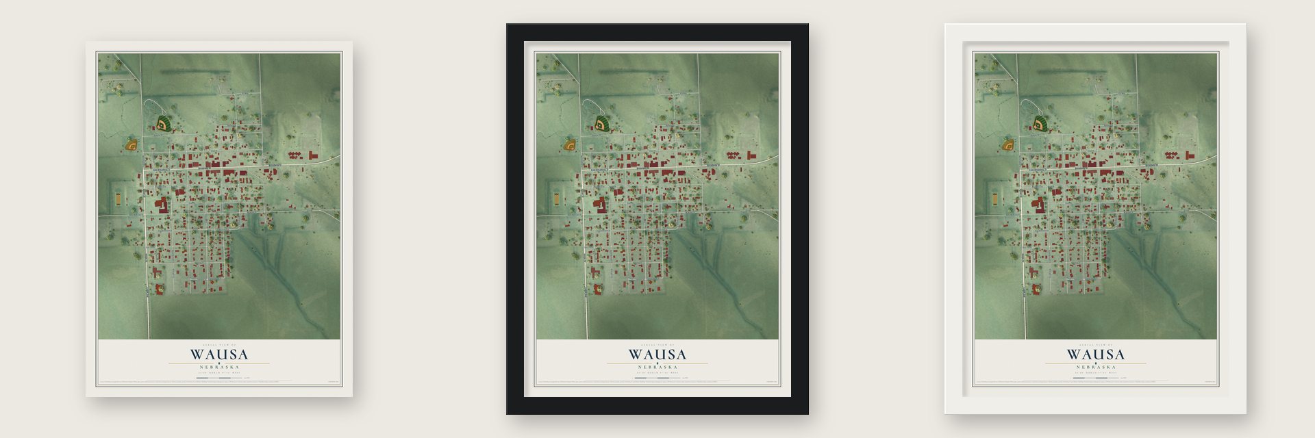 Wausa, Nebraska map unframed, in a black wood frame and in a white wood frame