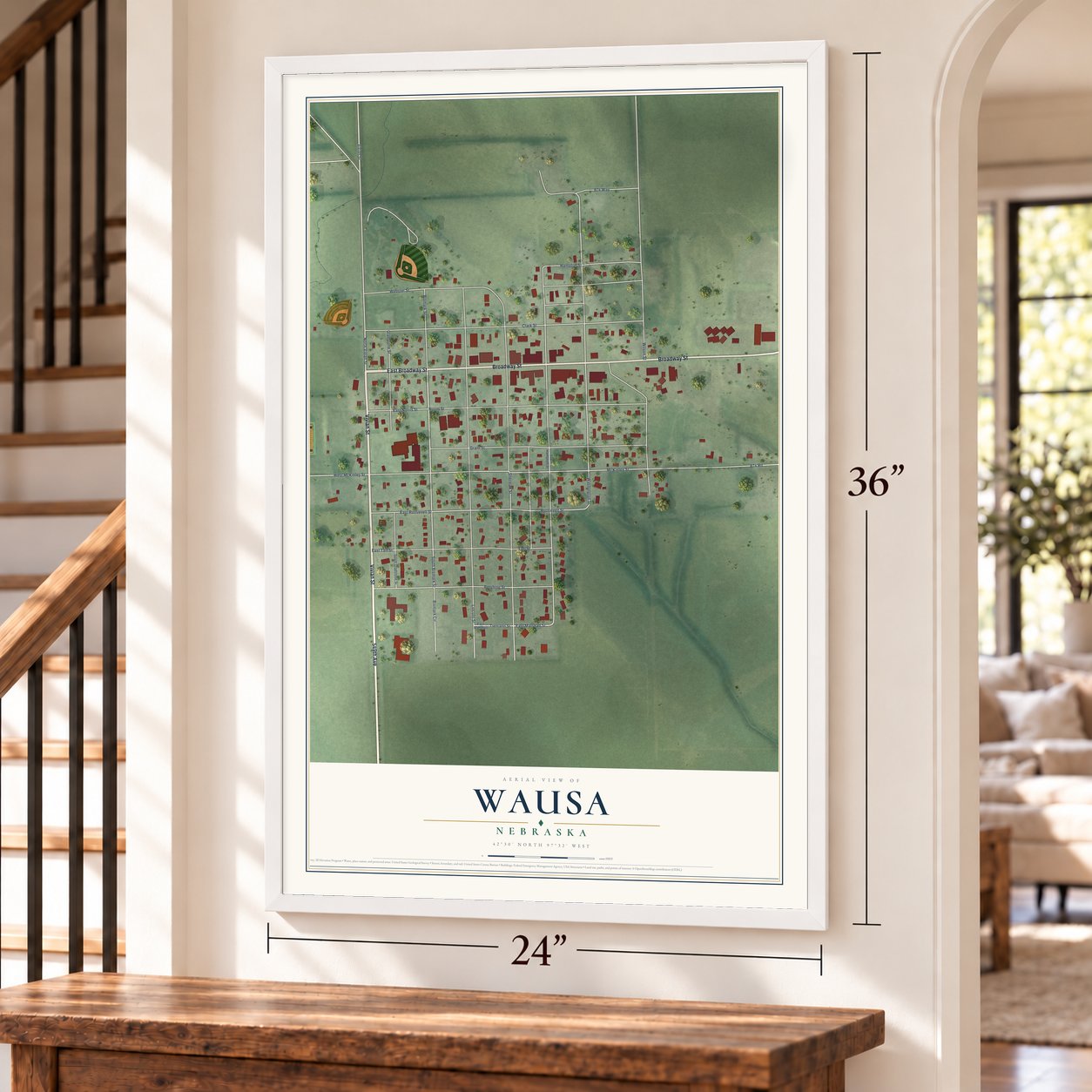 Wausa, Nebraska map, 24 x 36 inch print in a white frame by a staircase