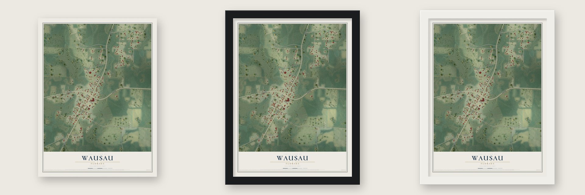 Wausau, Florida map unframed, in a black wood frame and in a white wood frame