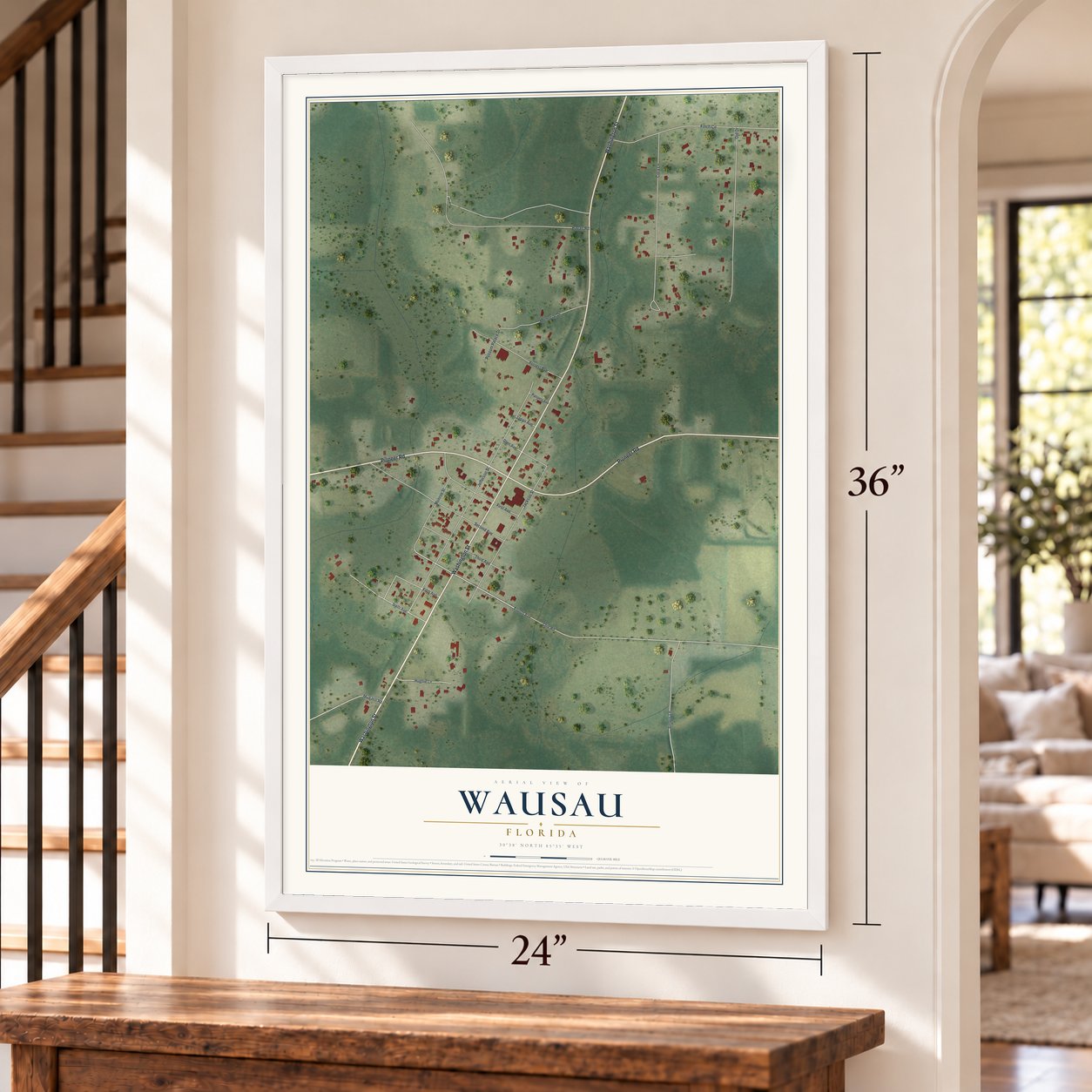 Wausau, Florida map, 24 x 36 inch print in a white frame by a staircase