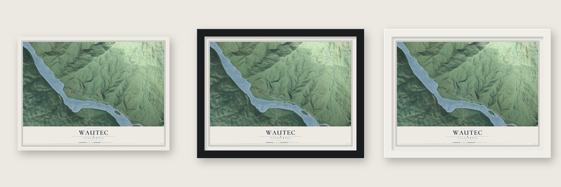 Wautec, California map unframed, in a black wood frame and in a white wood frame