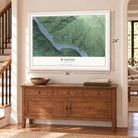 Wautec, California map, 24 x 36 inch print in a white frame above a dresser by a staircase