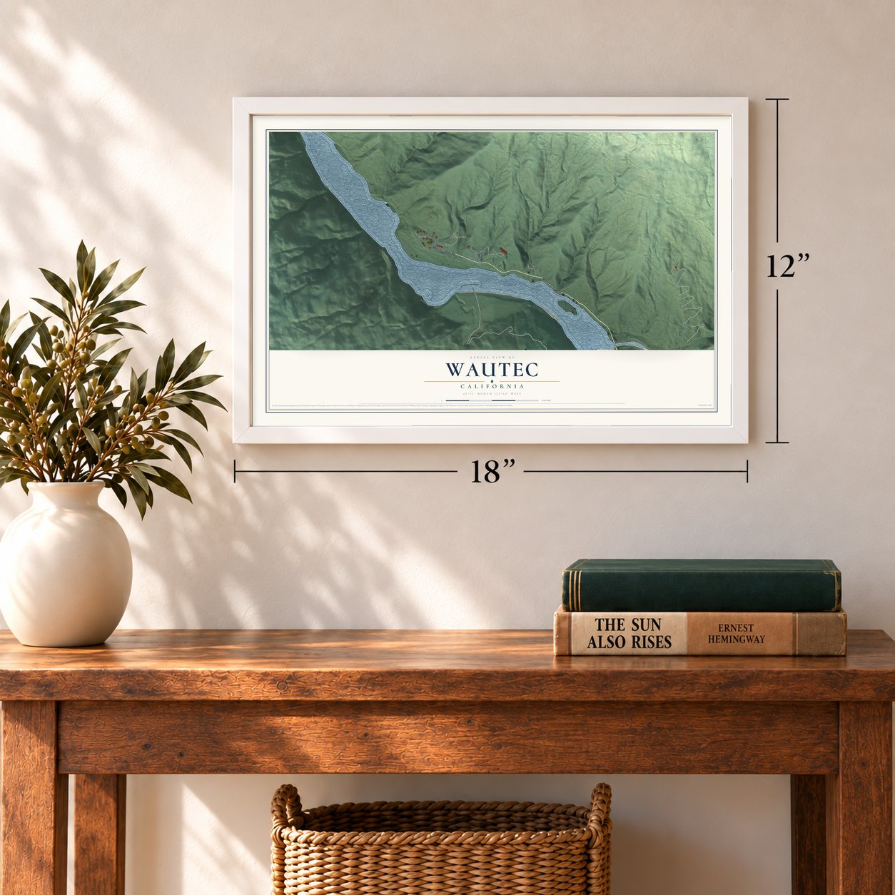 Wautec, California map, 12 x 18 inch print in a white frame in an entryway