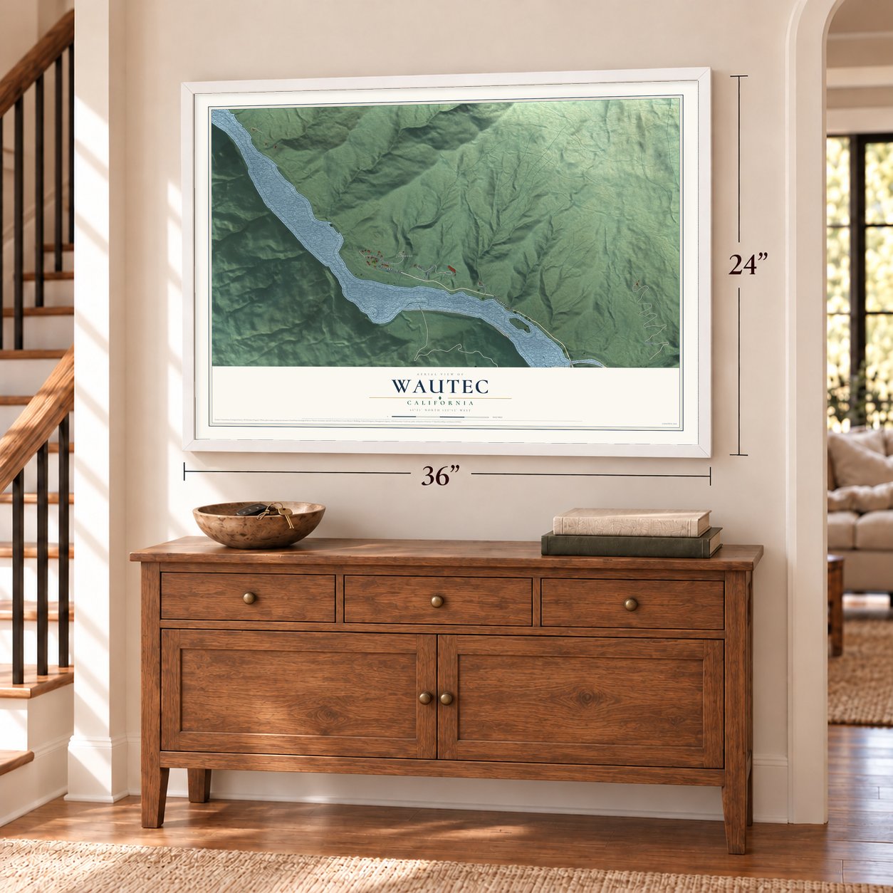 Wautec, California map, 24 x 36 inch print in a white frame above a dresser by a staircase