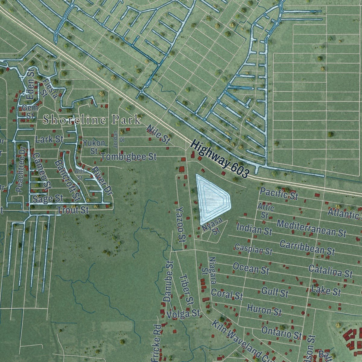 Second close-up of the map of Waveland, Mississippi print showing more streets and buildings