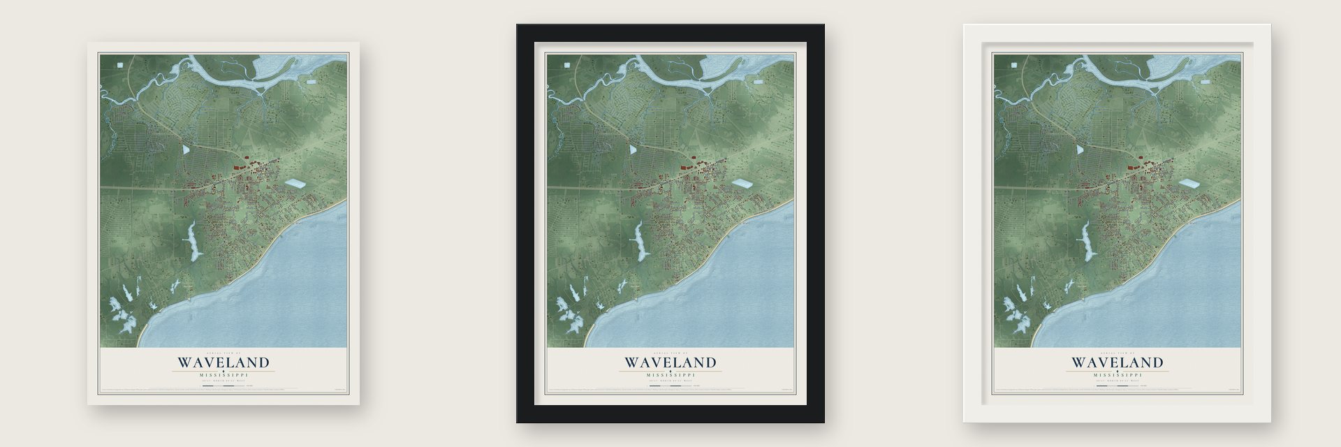 Waveland, Mississippi map unframed, in a black wood frame and in a white wood frame