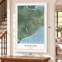 Waveland, Mississippi map, 24 x 36 inch print in a white frame by a staircase