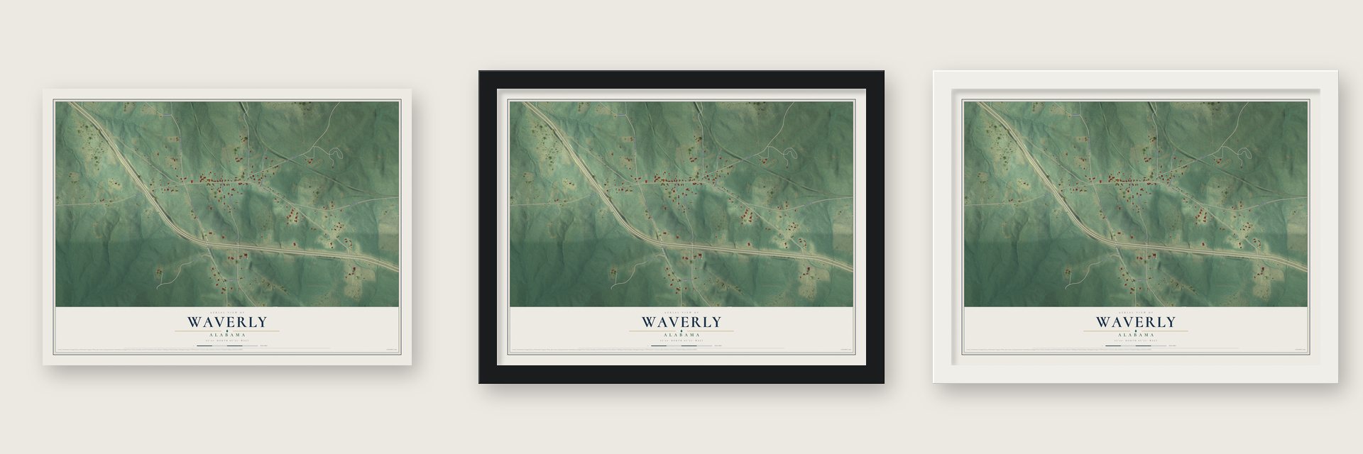 Waverly, Alabama map unframed, in a black wood frame and in a white wood frame