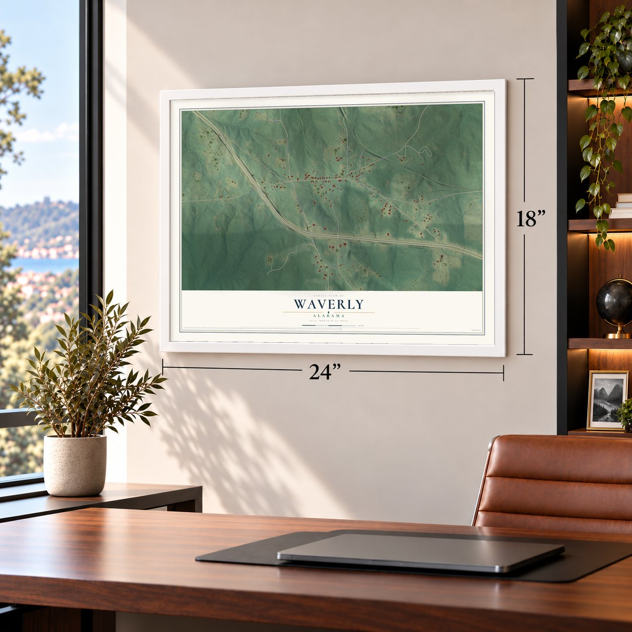 Waverly, Alabama map, 18 x 24 inch print in a white frame in a home office