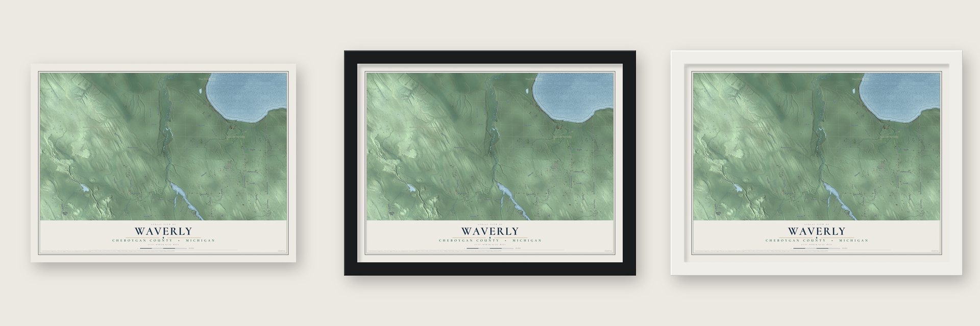 Waverly, Cheboygan County, Michigan map unframed, in a black wood frame and in a white wood frame