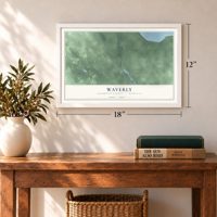 Waverly, Cheboygan County, Michigan map, 12 x 18 inch print in a white frame in an entryway