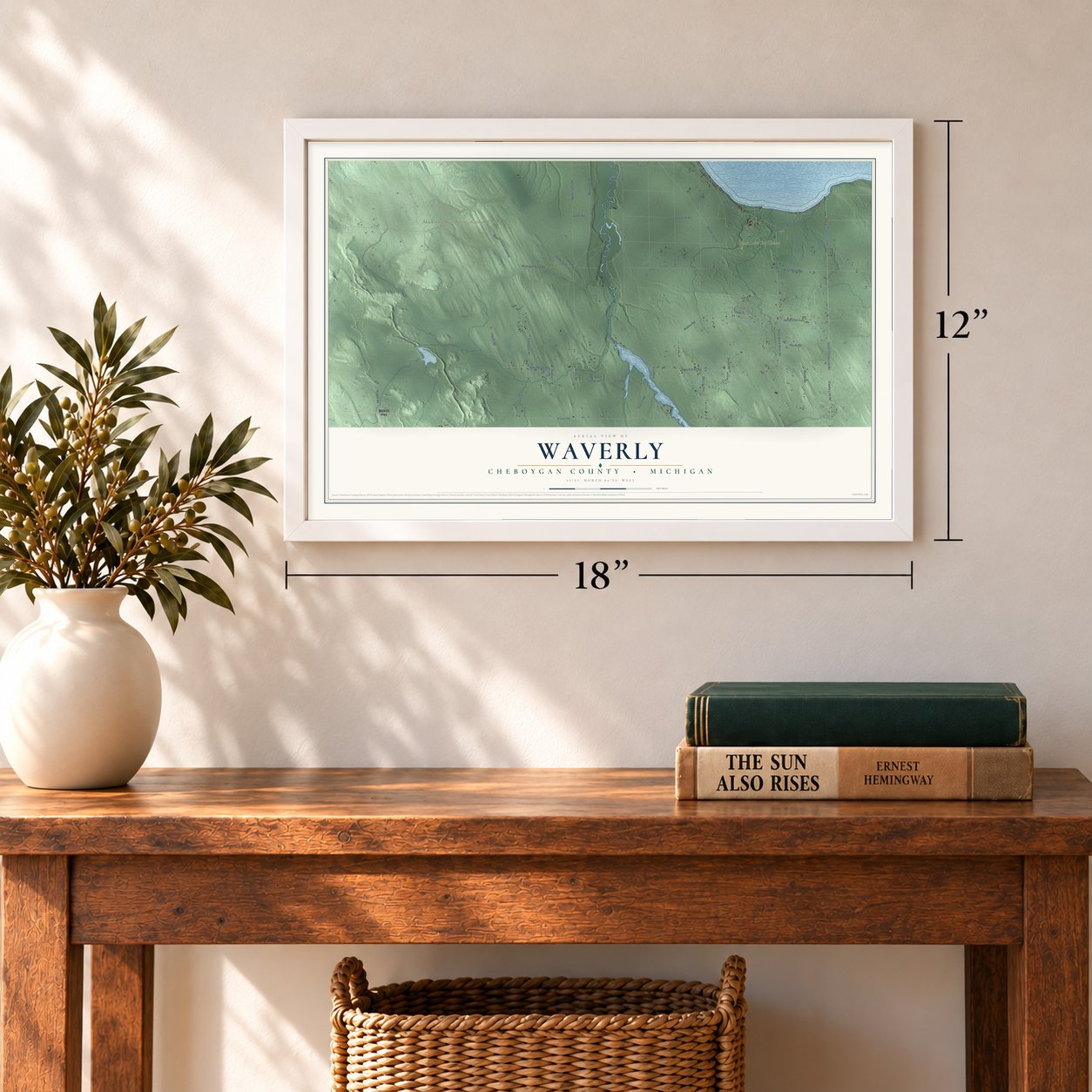 Waverly, Cheboygan County, Michigan map, 12 x 18 inch print in a white frame in an entryway