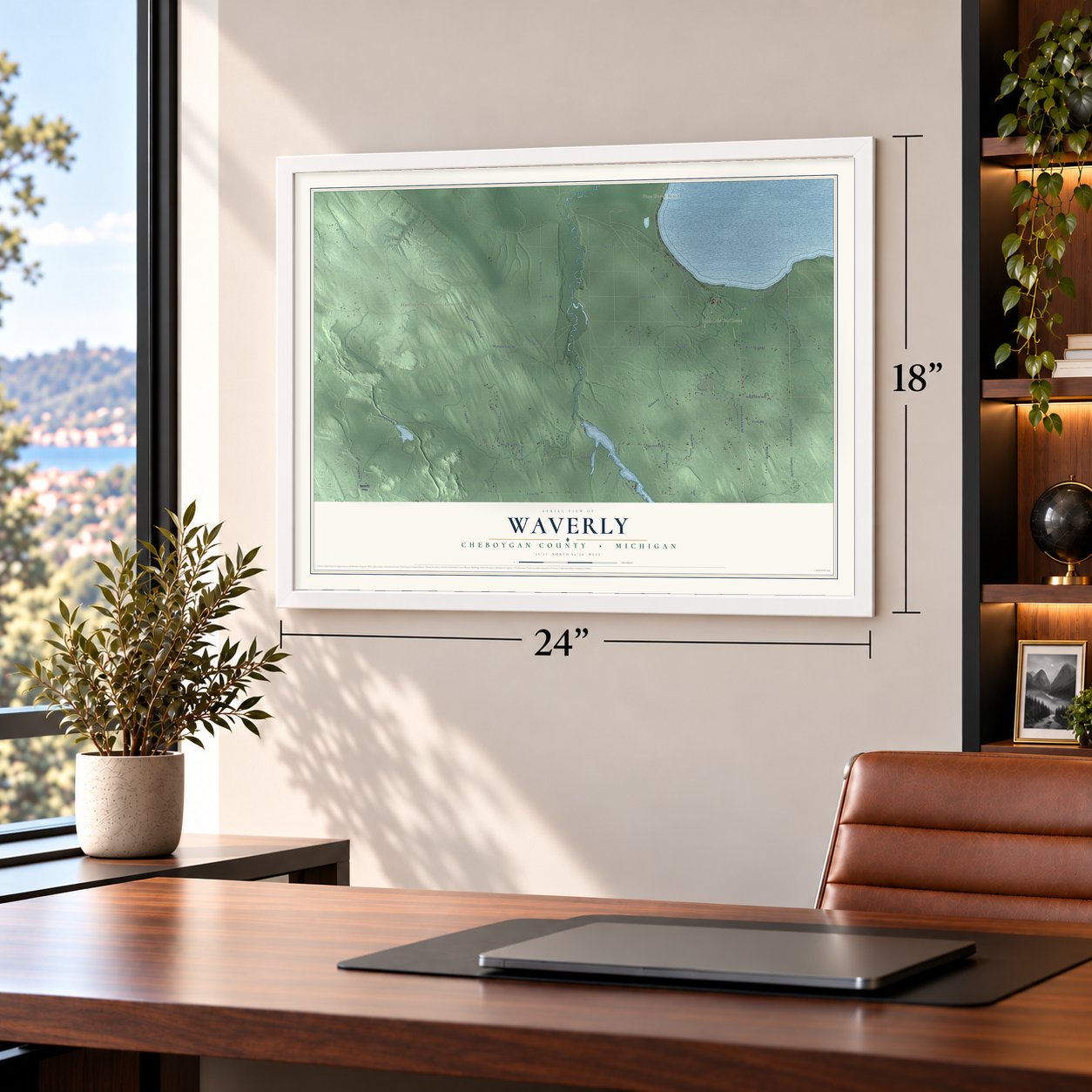 Waverly, Cheboygan County, Michigan map, 18 x 24 inch print in a white frame in a home office