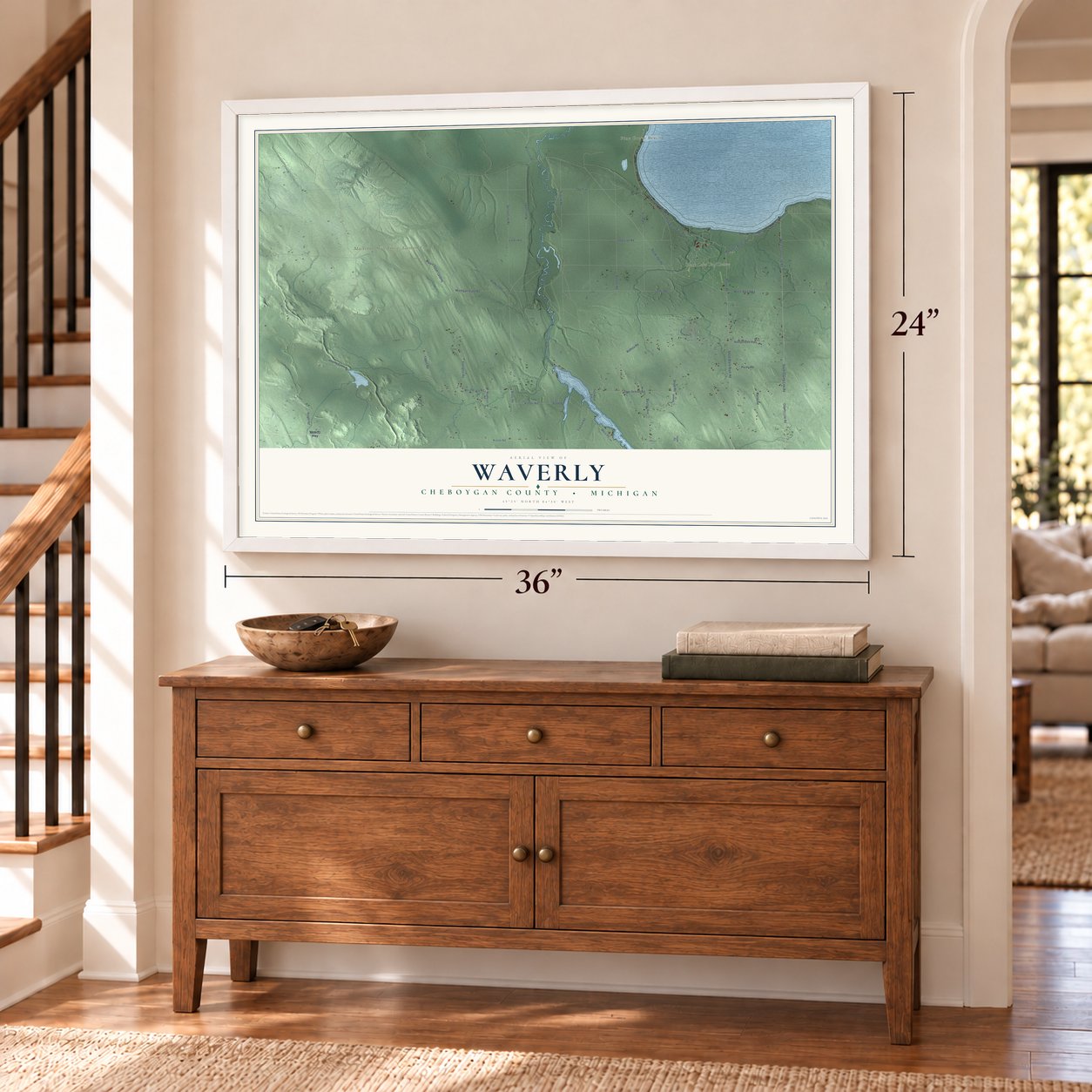 Waverly, Cheboygan County, Michigan map, 24 x 36 inch print in a white frame above a dresser by a staircase