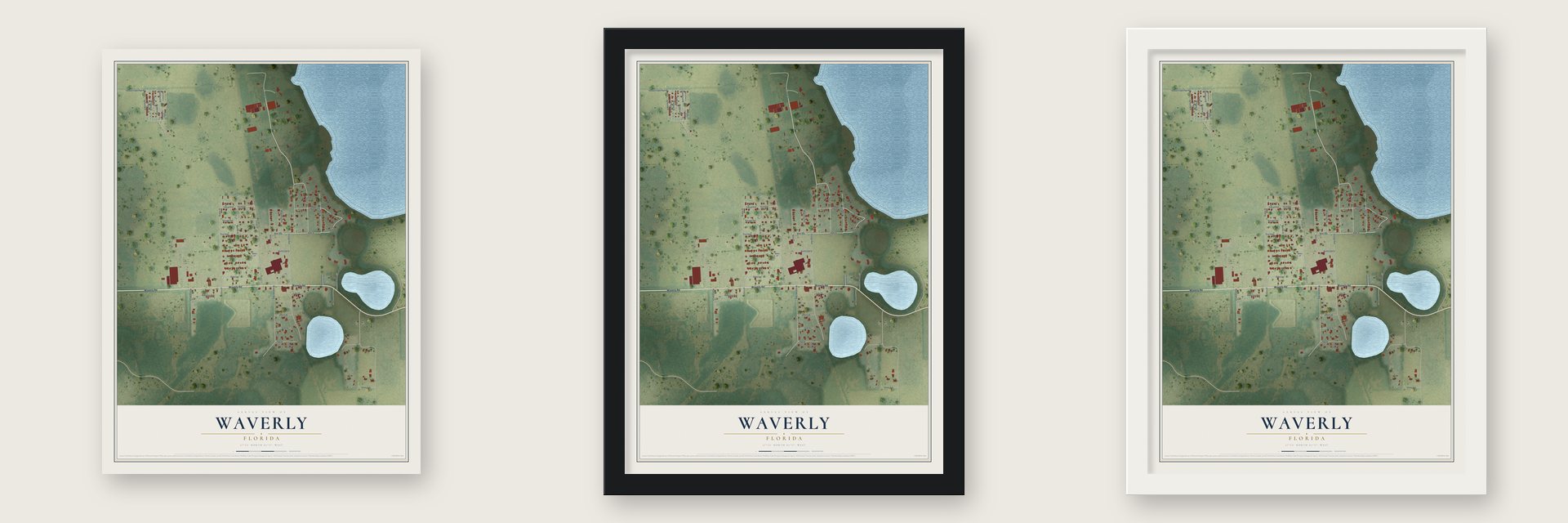 Waverly, Florida map unframed, in a black wood frame and in a white wood frame
