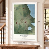 Waverly, Florida map, 24 x 36 inch print in a white frame by a staircase