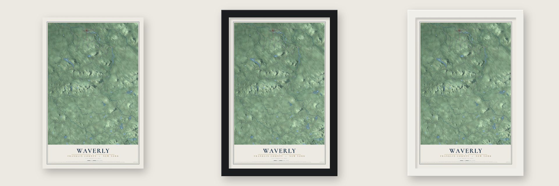 Waverly, Franklin County, New York map unframed, in a black wood frame and in a white wood frame