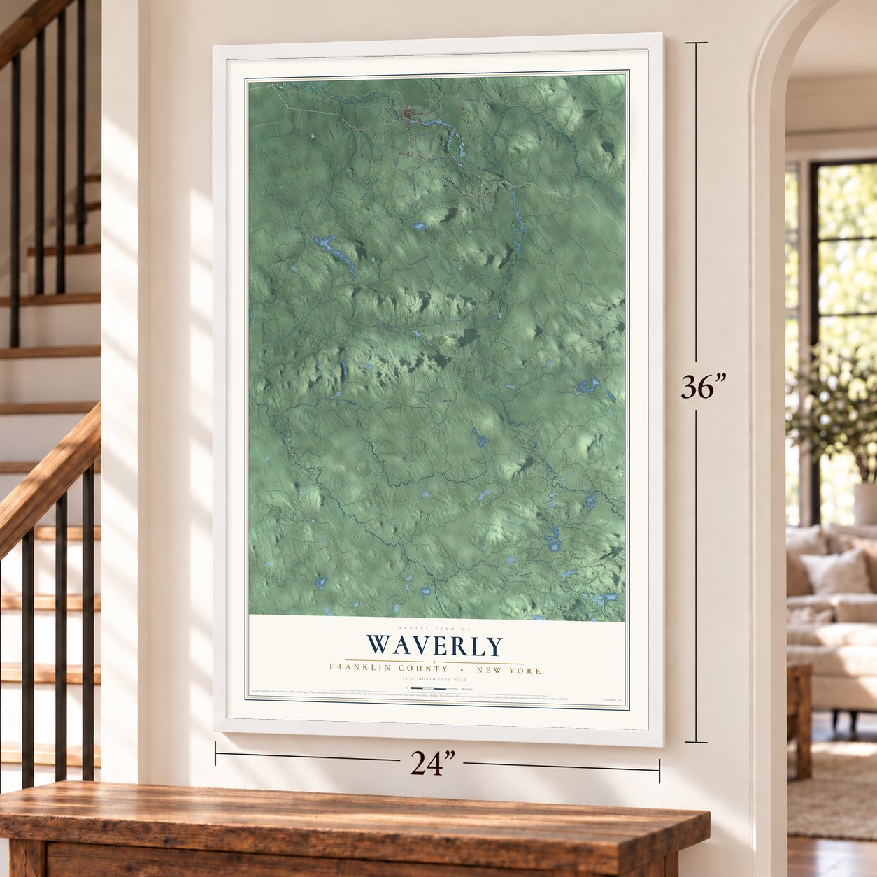 Waverly, Franklin County, New York map, 24 x 36 inch print in a white frame by a staircase