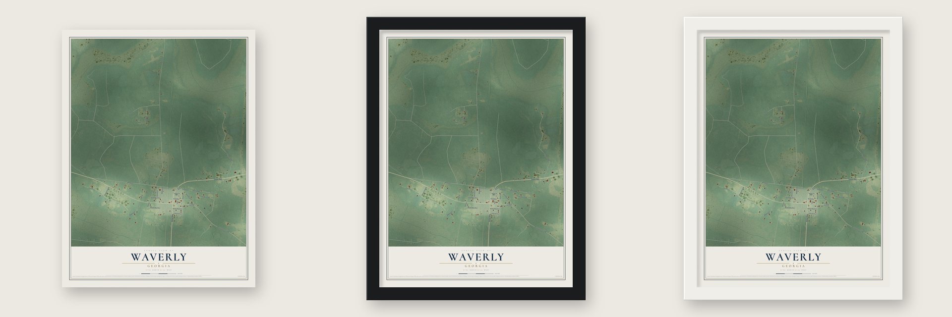 Waverly, Georgia map unframed, in a black wood frame and in a white wood frame