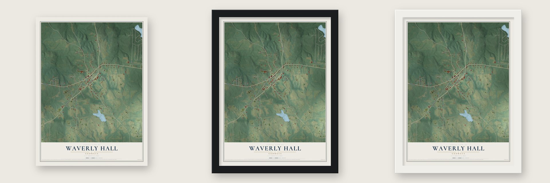 Waverly Hall, Georgia map unframed, in a black wood frame and in a white wood frame
