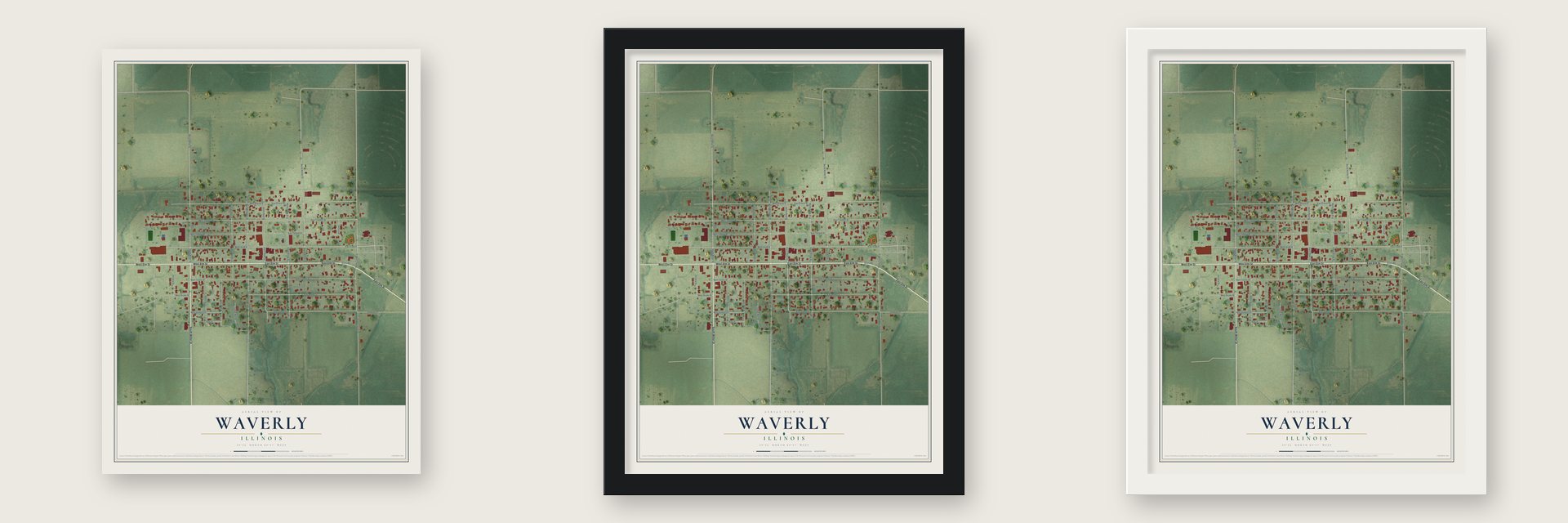 Waverly, Illinois map unframed, in a black wood frame and in a white wood frame