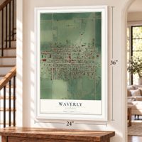 Waverly, Illinois map, 24 x 36 inch print in a white frame by a staircase