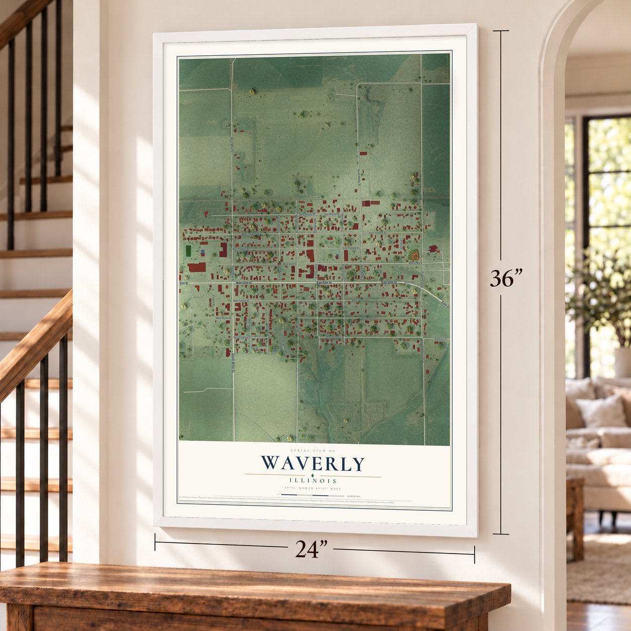 Waverly, Illinois map, 24 x 36 inch print in a white frame by a staircase