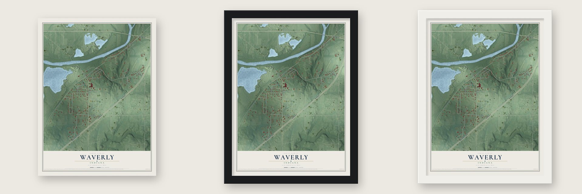 Waverly, Indiana map unframed, in a black wood frame and in a white wood frame