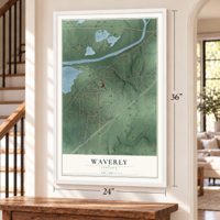 Waverly, Indiana map, 24 x 36 inch print in a white frame by a staircase
