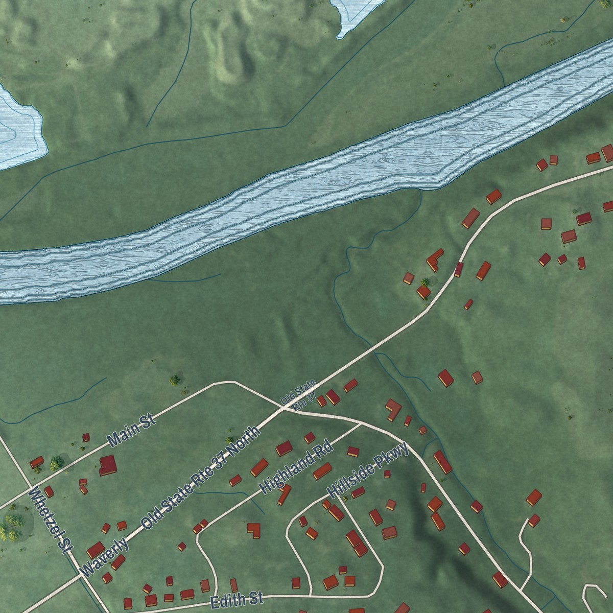 Second close-up of the map of Waverly, Indiana print showing more streets and buildings