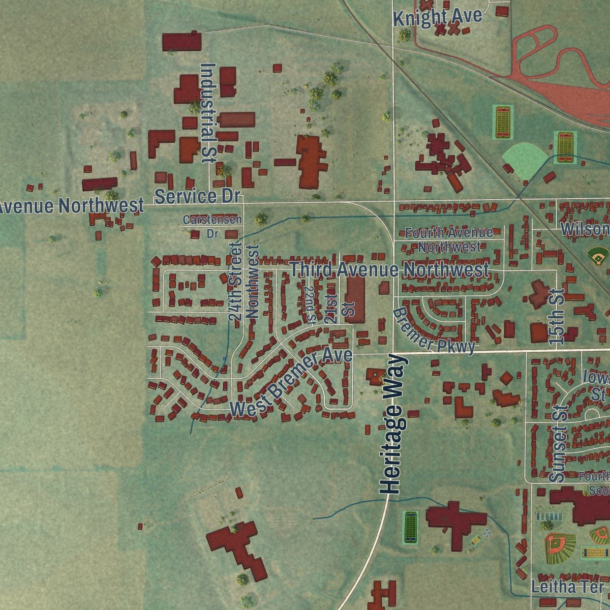 Second close-up of the map of Waverly, Iowa print showing more streets and buildings