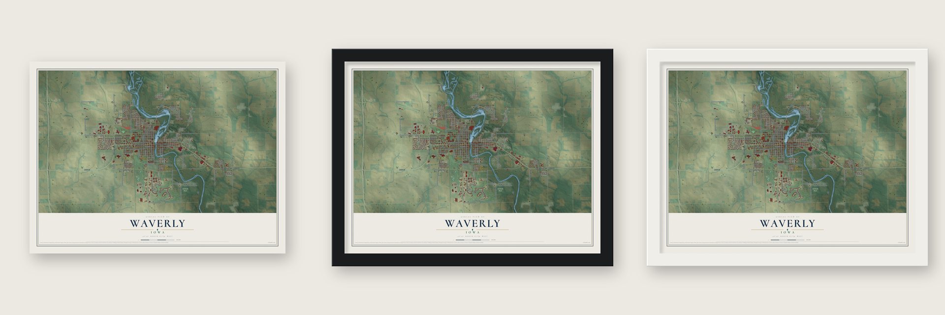 Waverly, Iowa map unframed, in a black wood frame and in a white wood frame