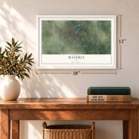 Waverly, Iowa map, 12 x 18 inch print in a white frame in an entryway