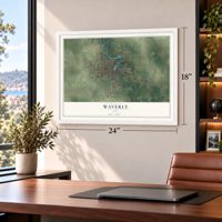 Waverly, Iowa map, 18 x 24 inch print in a white frame in a home office