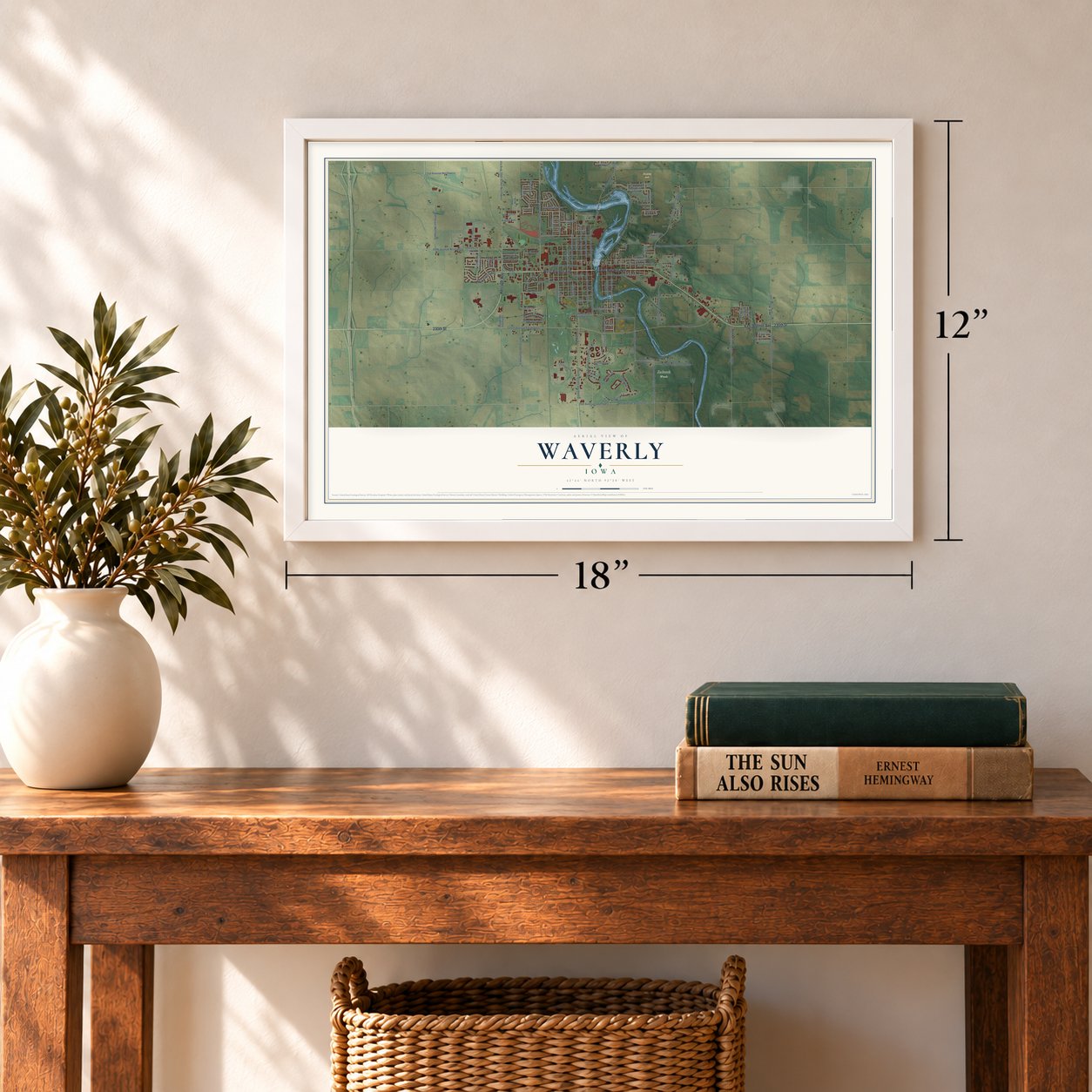 Waverly, Iowa map, 12 x 18 inch print in a white frame in an entryway