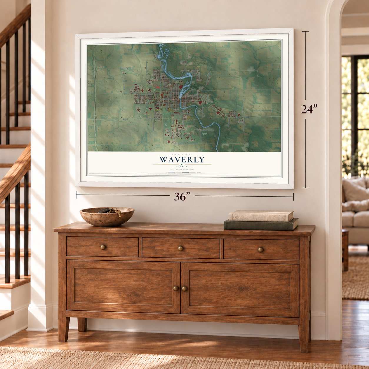 Waverly, Iowa map, 24 x 36 inch print in a white frame above a dresser by a staircase