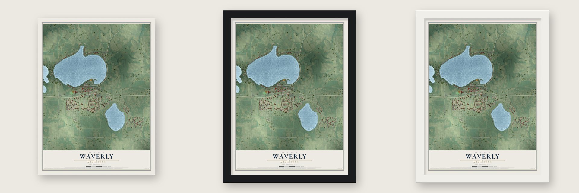 Waverly, Minnesota map unframed, in a black wood frame and in a white wood frame