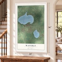 Waverly, Minnesota map, 24 x 36 inch print in a white frame by a staircase