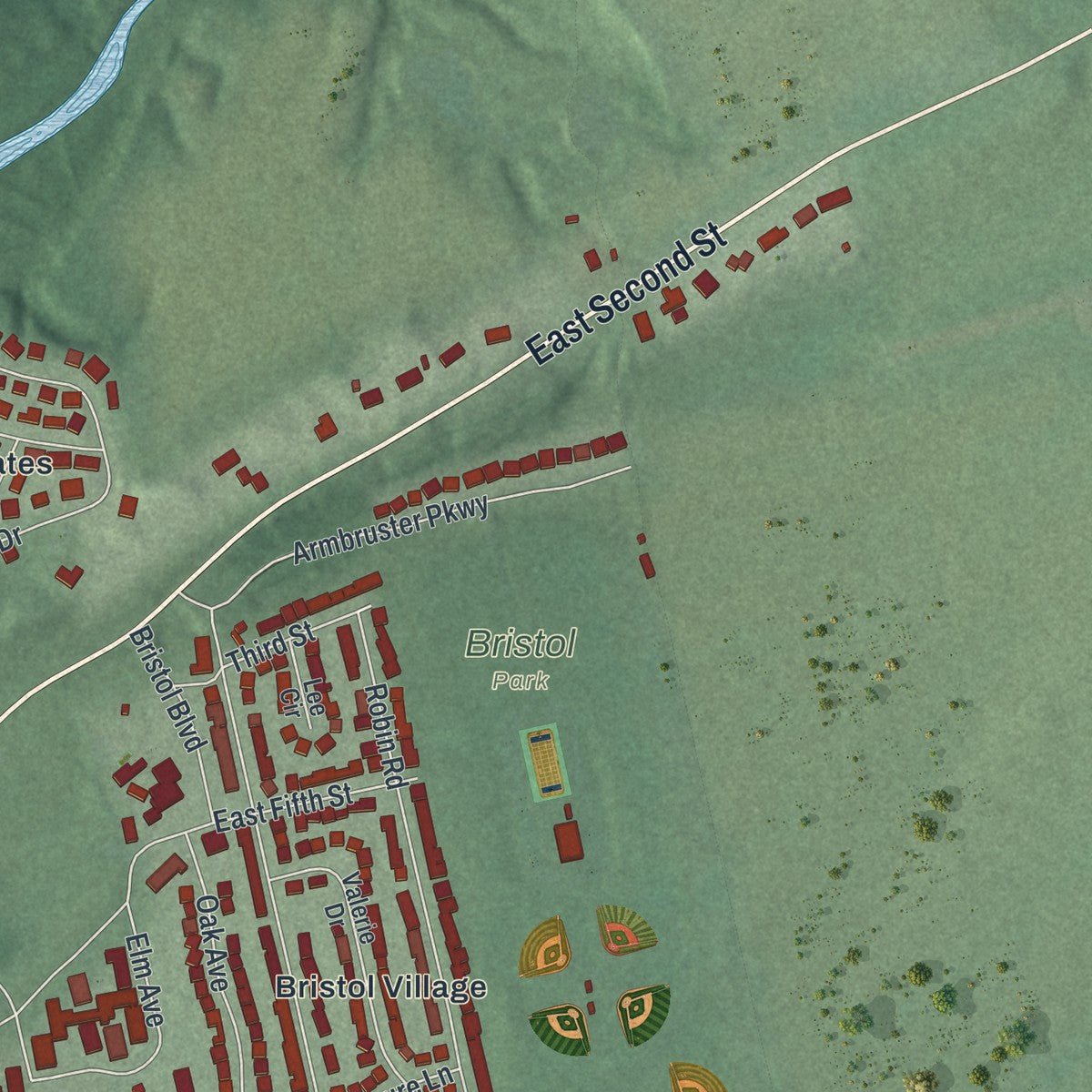 Second close-up of the map of Waverly, Ohio print showing more streets and buildings